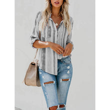 Load image into Gallery viewer, Women's V-Neck Striped Roll-Up Cuff Shirt