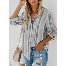 Load image into Gallery viewer, Women's V-Neck Striped Roll-Up Cuff Shirt