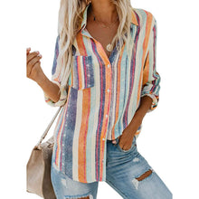 Load image into Gallery viewer, Women's V-Neck Striped Roll-Up Cuff Shirt
