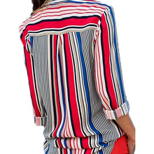 Load image into Gallery viewer, Womens V Neck Striped Roll up Sleeve Button Down Blouses Top