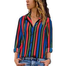 Load image into Gallery viewer, Womens V Neck Striped Roll up Sleeve Button Down Blouses Top