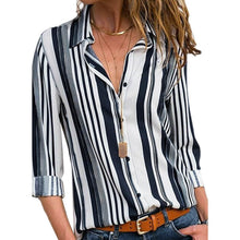 Load image into Gallery viewer, Womens V Neck Striped Roll up Sleeve Button Down Blouses Top