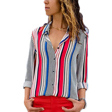 Load image into Gallery viewer, Womens V Neck Striped Roll up Sleeve Button Down Blouses Top