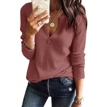 Load image into Gallery viewer, Women's V Neck Waffle Knit Henley Tops