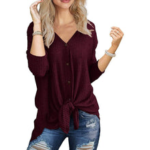 Load image into Gallery viewer, Womens Waffle Knit Tunic Blouse Tie Knot Henley Tops