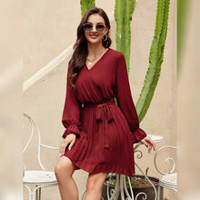 将图片加载到图库查看器,Womens Wrap V Neck Pleated Long Sleeve Mini Dresses