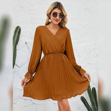将图片加载到图库查看器,Womens Wrap V Neck Pleated Long Sleeve Mini Dresses