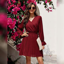 将图片加载到图库查看器,Womens Wrap V Neck Pleated Long Sleeve Mini Dresses