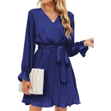将图片加载到图库查看器,Womens Wrap V Neck Pleated Long Sleeve Mini Dresses