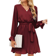 将图片加载到图库查看器,Womens Wrap V Neck Pleated Long Sleeve Mini Dresses