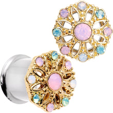 Load image into Gallery viewer, Pink Green White Gem Glam Flower Double Flare Tunnel Plug Set