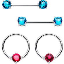 将图片加载到图库查看器,5/8 Pink Aqua Gem Captive Ring Straight Barbell Nipple Ring Set