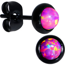 Load image into Gallery viewer, Pink Synthetic Opal Black IP 316L Surgical Steel Stud Earrings