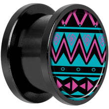 Load image into Gallery viewer, Pink Teal Tribal Print Black Anodized Screw Fit Plug Set 9/16