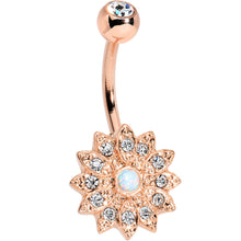 Load image into Gallery viewer, White Faux Opal Clear Gem Rose Gold Plated Fancy Flower Belly Ring
