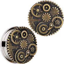 Load image into Gallery viewer, Steampunk Gears and Gizmos Screw Fit Tunnel Plug Set 2G to 1 Inch