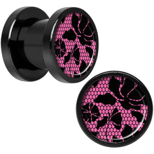 Load image into Gallery viewer, Pink Floral Lace Black Anodized Screw Fit Plug Set 0G