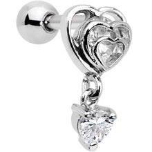 Load image into Gallery viewer, 1/4 Clear CZ Gem Triple Heart Dangle Cartilage Tragus Earring