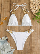 Load image into Gallery viewer, Luxe Chain Link Triangle Halter Bikini Set – Chic V Neck 2 Piece Swimsuit with Lace-Up Tie Back High Stretch Nylon Blend and Sleek Solid Color Finish – Women's Elegant Swimwear for Summer Beach &amp; Pool Style
