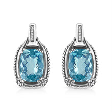 Load image into Gallery viewer, .925 Sterling Silver 14x10MM Cushion Cut Blue Topaz Gemstone and Diamond Accent Dangle Earring (I-J Color, I1-I2 Clarity)
