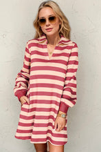 Load image into Gallery viewer, Deep Rose Full Size Striped Contrast Collared Neck Long Sleeve Dress Modern &amp; Stylish Women’s Wear
