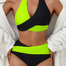 Load image into Gallery viewer, Bikini Black and White Contrast Color Criss Cross Neck 2 Piece Swimsuit for Women – Stylish Medium Stretch Two-Tone Bikini Set with Unique Neckline and Flattering Fit – Modern Swimwear for Beach Days, Pool Lounging, and Summer Escapes
