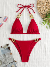 Load image into Gallery viewer, Luxe Chain Link Triangle Halter Bikini Set – Chic V Neck 2 Piece Swimsuit with Lace-Up Tie Back High Stretch Nylon Blend and Sleek Solid Color Finish – Women's Elegant Swimwear for Summer Beach &amp; Pool Style
