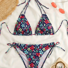 Load image into Gallery viewer, Sunset Bloom 2-Piece Triangle Bikini Set for Women – Vibrant Random Floral Print Halter Neck Swimsuit with Tie-Back Tie-Side Bottoms &amp; High Cut Legs – Women's High-Stretch Swimwear for Summer Beach Escapes
