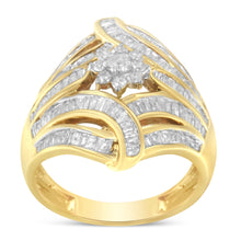 将图片加载到图库查看器，10K Yellow Gold Flashed .925 Sterling Silver 1-1/8 Cttw Round &amp; Baguette Diamond 'Flower &amp; Fern' Cluster Cocktail Fashion Ring (I-J Color, I2-I3 Clarity) - Size 6

