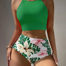 Load image into Gallery viewer, Island Bloom High Waist Bikini Set for Summer – Colorblock Tropical Print Two-Piece Swimsuit with Round Neckline Ultra-Stretch Fit &amp; Applique Detail – Stylish and Comfortable Women’s Swimwear for Pool Beach &amp; Summer Escapes
