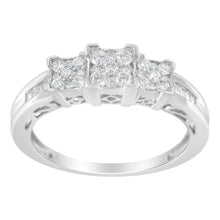 Load image into Gallery viewer, 10K White Gold 1/2 Cttw Brilliant &amp; Baguette Cut Diamond 3 Stone Design with 3 Square Clusters Engagement Ring (H-I Color, SI2-I1 Clarity) - Size 6-3/4
