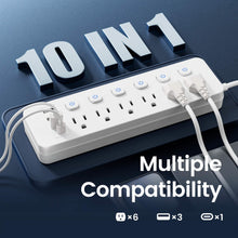 Load image into Gallery viewer, 10-in-1 Multi-Outlet Power Strip – 6 AC, 3 USB-A, 1 Type-C
