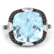 Load image into Gallery viewer, 8.29 Carat Genuine Swiss Blue Topaz, Black Diamond &amp; White Diamond .925 Sterling Silver Ring
