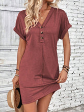 Load image into Gallery viewer, Elegant Button V-Neck Short Sleeve Dress Flattering Casual &amp; Office Wear Simple Dress
