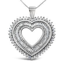 Load image into Gallery viewer, .925 Sterling Silver 1.0 Cttw Baguette and Round Diamond  Heart Pendant 18" Necklace (H-I Color, I3 Clarity)
