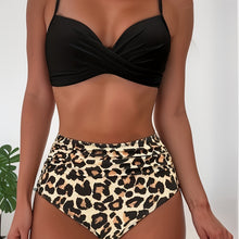 Load image into Gallery viewer, Tropical Vibe High Waist Bikini Set – Flirty V-Neck Swimsuit with Layered Colorblock High Cut Bottom Crisscross Strap Detail &amp; Ultra-Stretch Comfort – Women's Two Piece Swimwear for Summer Beach Pool &amp; Vacation Fun
