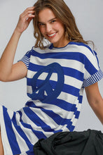 Load image into Gallery viewer, Peace Applique Striped Short Sleeve Mini Dress – Fun Peace Sign Detail, Striped Pattern, High-Low Design for a Trendy and Versatile Look
