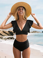 Load image into Gallery viewer, Bikini Black Solid Color Ruffle V Neck 2 Piece Swimsuit for Women – High Waisted Flattering Bikini Set with Lettuce Trim Bottoms – Sleek Stretchy Fabric Swimwear for Beach Days Poolside Style and Summer Vacation Looks
