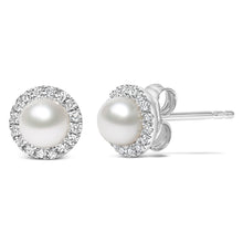 Load image into Gallery viewer, 10K White Gold 4.5mm Cultured Freshwater Pearl and 1/7 Cttw Diamond Halo Stud Earring (I-J Color, I1-I2 Clarity)
