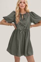 Load image into Gallery viewer, Elegant Ruched Puff Sleeve Mini Dress Vintage Bow Detail Cute Short Dress for Women
