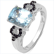 Load image into Gallery viewer, 1.92 Carat Genuine Aquamarine &amp; Black Spinel .925 Sterling Silver Ring
