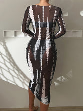 将图片加载到图库查看器，Horizon Haze 3-Piece Tie Dye Bandeau Bikini Set for Women – Strapless Tube Top with Long Sleeve Semi-Sheer Cover-Up Dress for Summer – Artistic Stripe Print Swimwear Ensemble for Bold Summer Fashion
