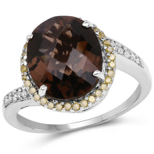 Load image into Gallery viewer, 4.85 Carat Genuine Smoky Quartz, Yellow Diamond &amp; White Diamond .925 Sterling Silver Ring
