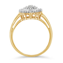 将图片加载到图库查看器，10K Yellow Gold 1/2 Cttw Round &amp; Baguette Cut Diamond Pear Shaped Domed PavÃ© Cluster with Halo Cocktail Ring (J-K Color, I1-I2 Clarity) - Size 4-1/4
