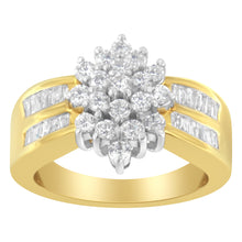 Load image into Gallery viewer, 10K Yellow Gold 1.0 Cttw Round &amp; Baguette Cut Diamond Floral Cluster Double-Channel Flared Band Statement Ring (H-I Color, SI2-I1 Clarity) - Size 6-1/2
