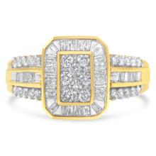 将图片加载到图库查看器，10K Yellow Gold Round and Baguette-Cut Diamond Cocktail Ring (1.0 Cttw, H-I Color, SI2-I1 Clarity) - Size 7
