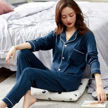 将图片加载到图库查看器，100% Cotton New Trendy  Pajamas For Women Full Sleeves Pajamas Button Down Winter Sleepwear Set Women White Cotton Pajamas Women's Loose Size V-neck Home Suit Long Sleeve Wide Leg Pants Pajamas Casual Home wear

