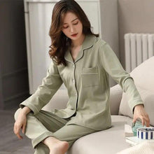 将图片加载到图库查看器，100% Cotton New Trendy  Pajamas For Women Full Sleeves Pajamas Button Down Winter Sleepwear Set Women White Cotton Pajamas Women's Loose Size V-neck Home Suit Long Sleeve Wide Leg Pants Pajamas Casual Home wear

