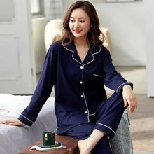 将图片加载到图库查看器，100% Cotton New Trendy  Pajamas For Women Full Sleeves Pajamas Button Down Winter Sleepwear Set Women White Cotton Pajamas Women's Loose Size V-neck Home Suit Long Sleeve Wide Leg Pants Pajamas Casual Home wear
