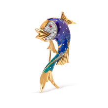 Load image into Gallery viewer, 18K Yellow Gold and Blue Enamel Diamond and Pink Sapphire Fish Brooch Pin (H-I Color, VS2-SI1 Clarity)

